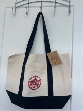 Trader Joe's Largr Canvas Tote Bag - Cream & Navy Blue with Red Logo